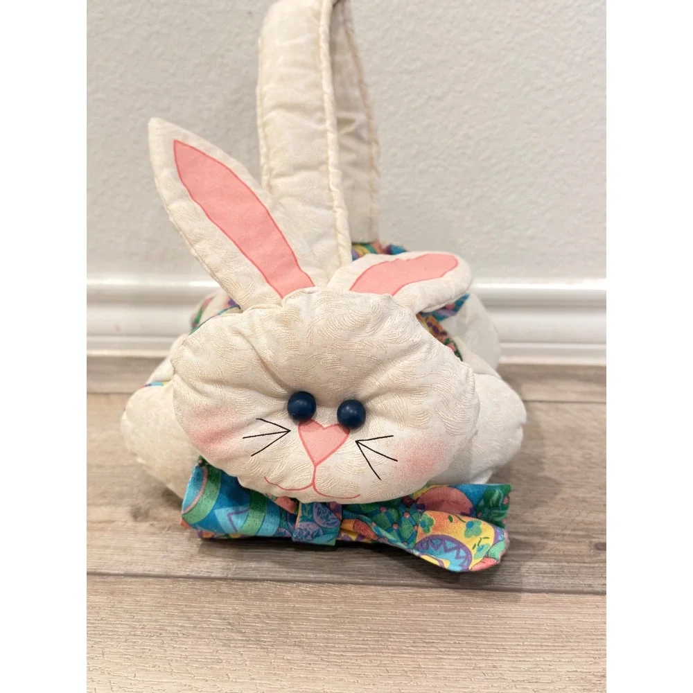 Vintage Plush Easter Bunny Basket Quilted Fabric Cream Multi Color Bow Tie